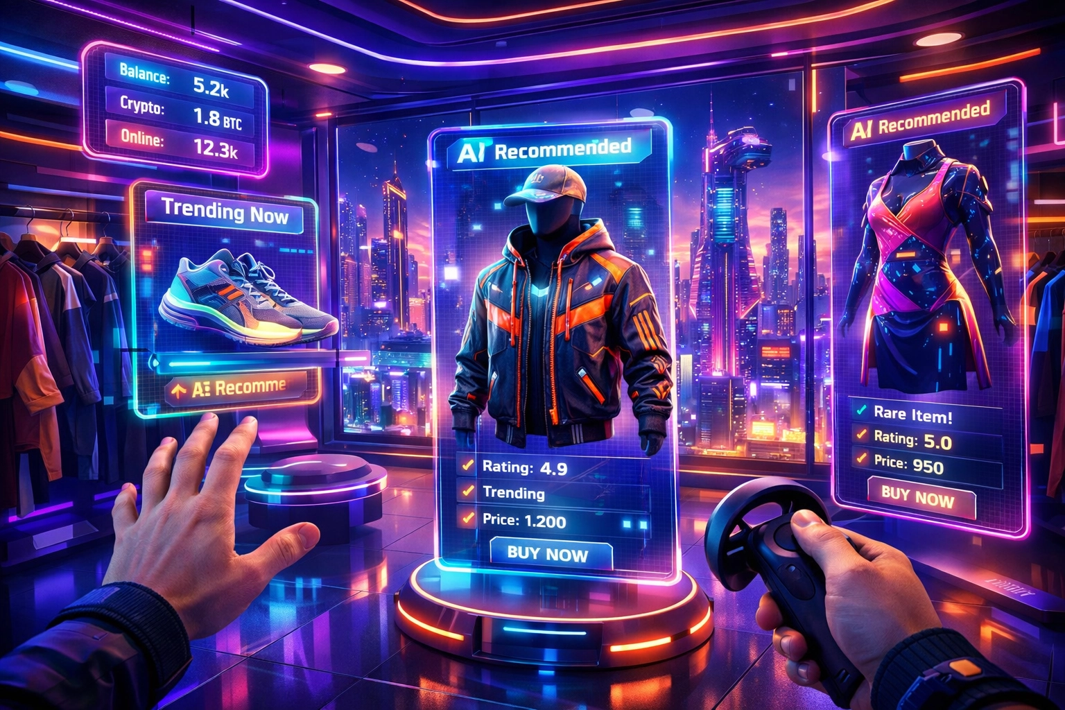 AI-powered metaverse shopping experience with holographic product recommendations and crypto payment panels.