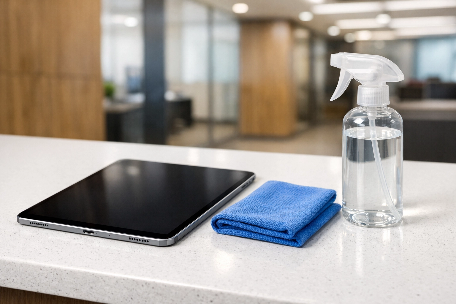 Digital tablet with cleaning checklist and microfiber cloth on a white countertop in a modern office.