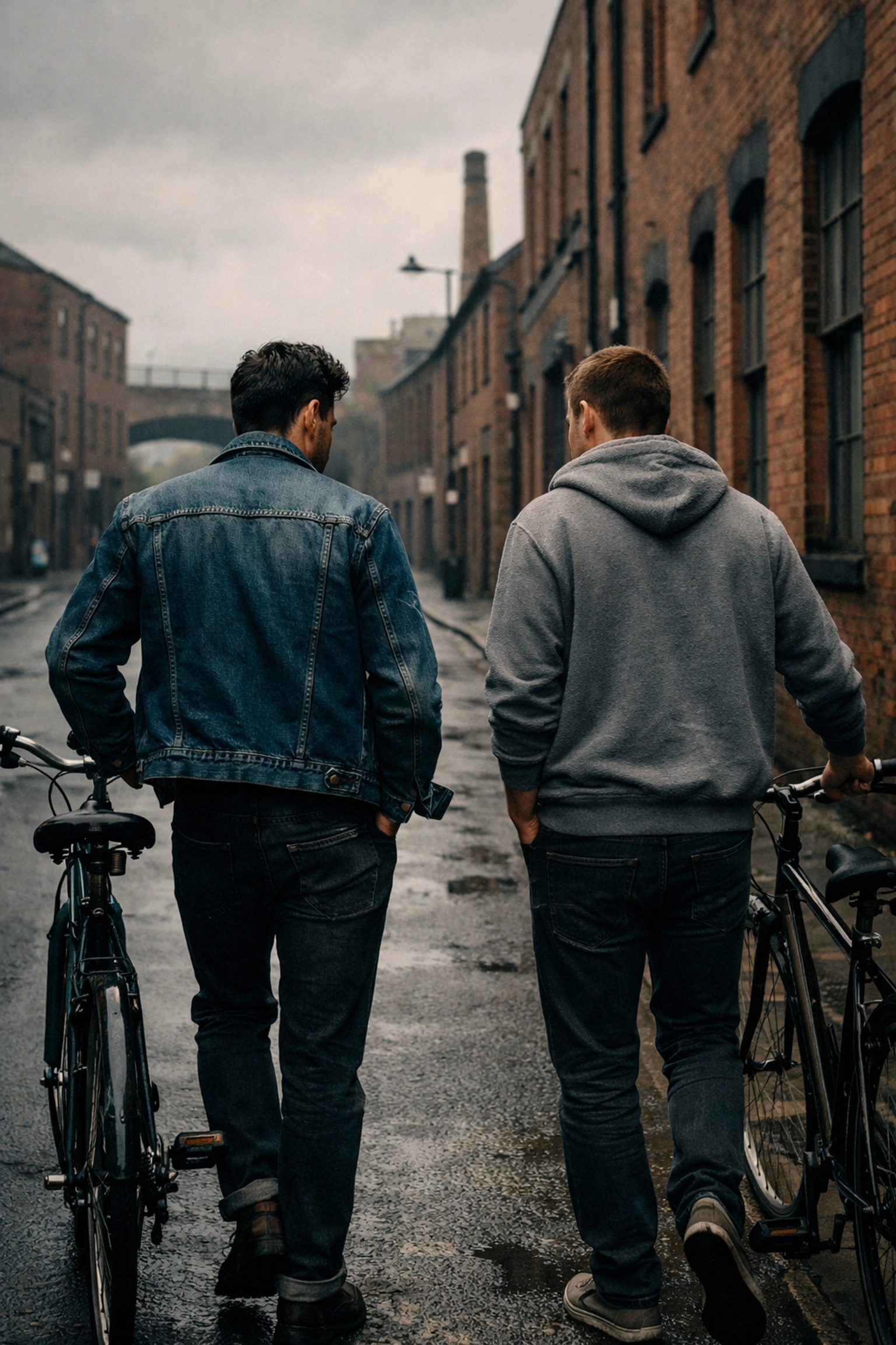 Glen and Russell cycling together through Nottingham in MM romance Weekend movie