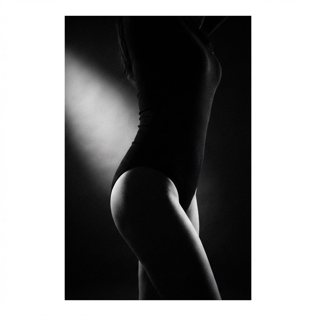 Dramatic lighting for nude photography using high-contrast shadows to sculpt the model's form.
