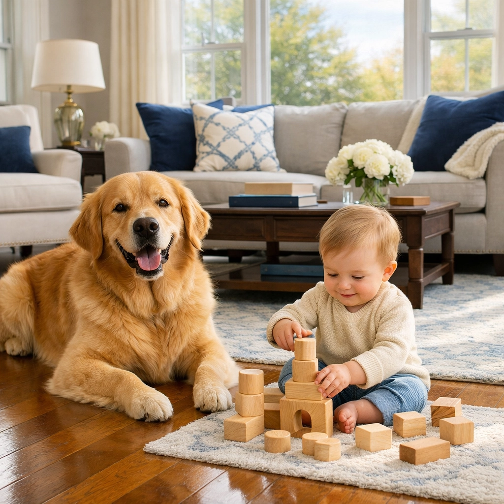 Toddler and dog playing on clean hardwood floors, showing safe eco-friendly house cleaning in Leominster MA.