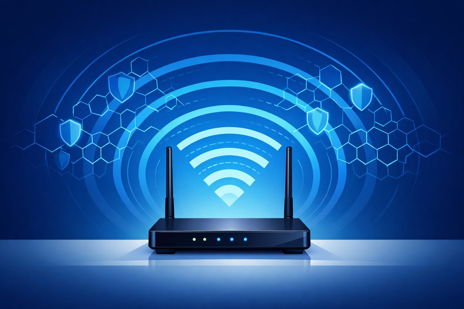 Vector illustration of a secure Wi-Fi router with encrypted signals to protect small business networks.