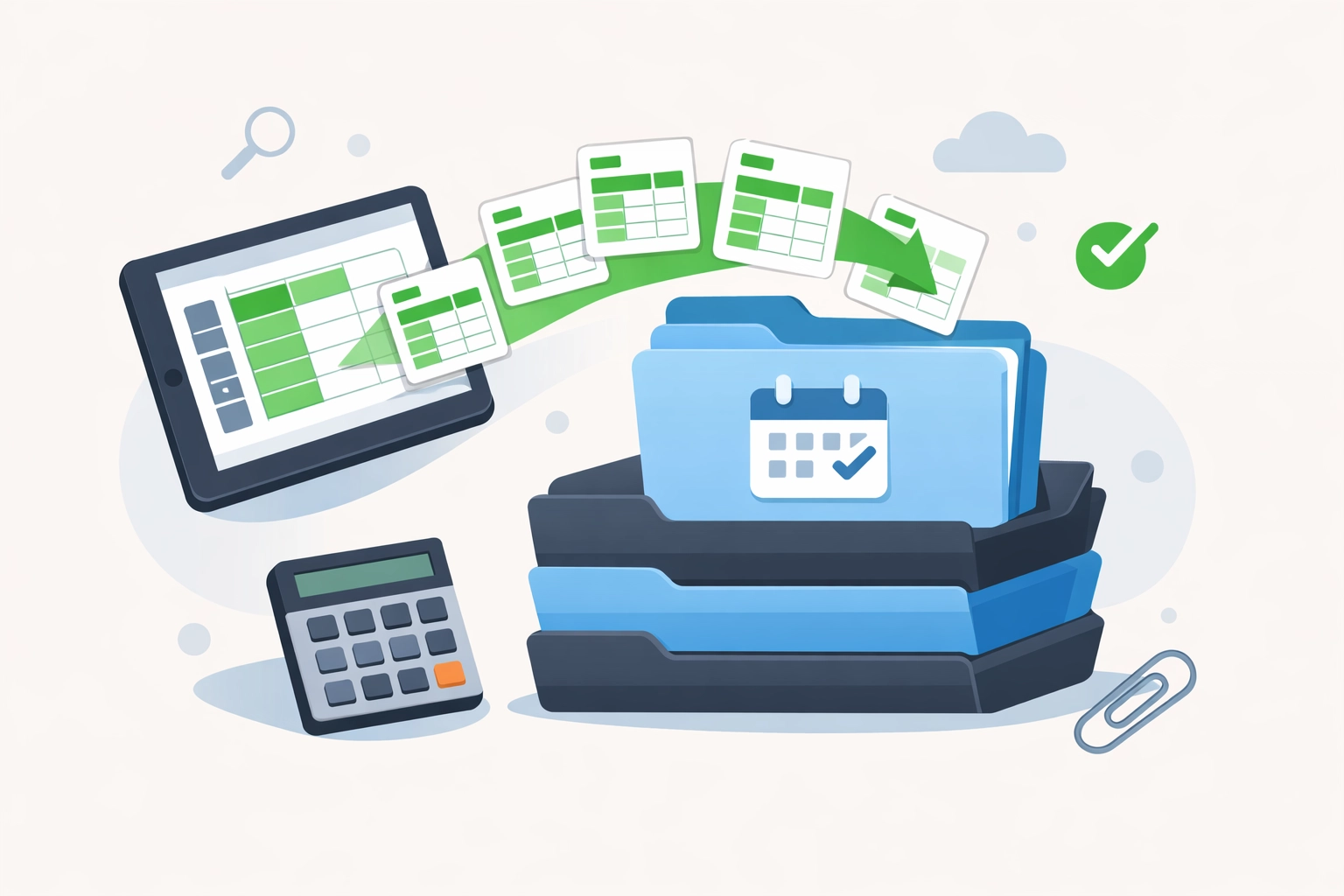Digital organization of folders and spreadsheet icons for payment app tax bookkeeping.