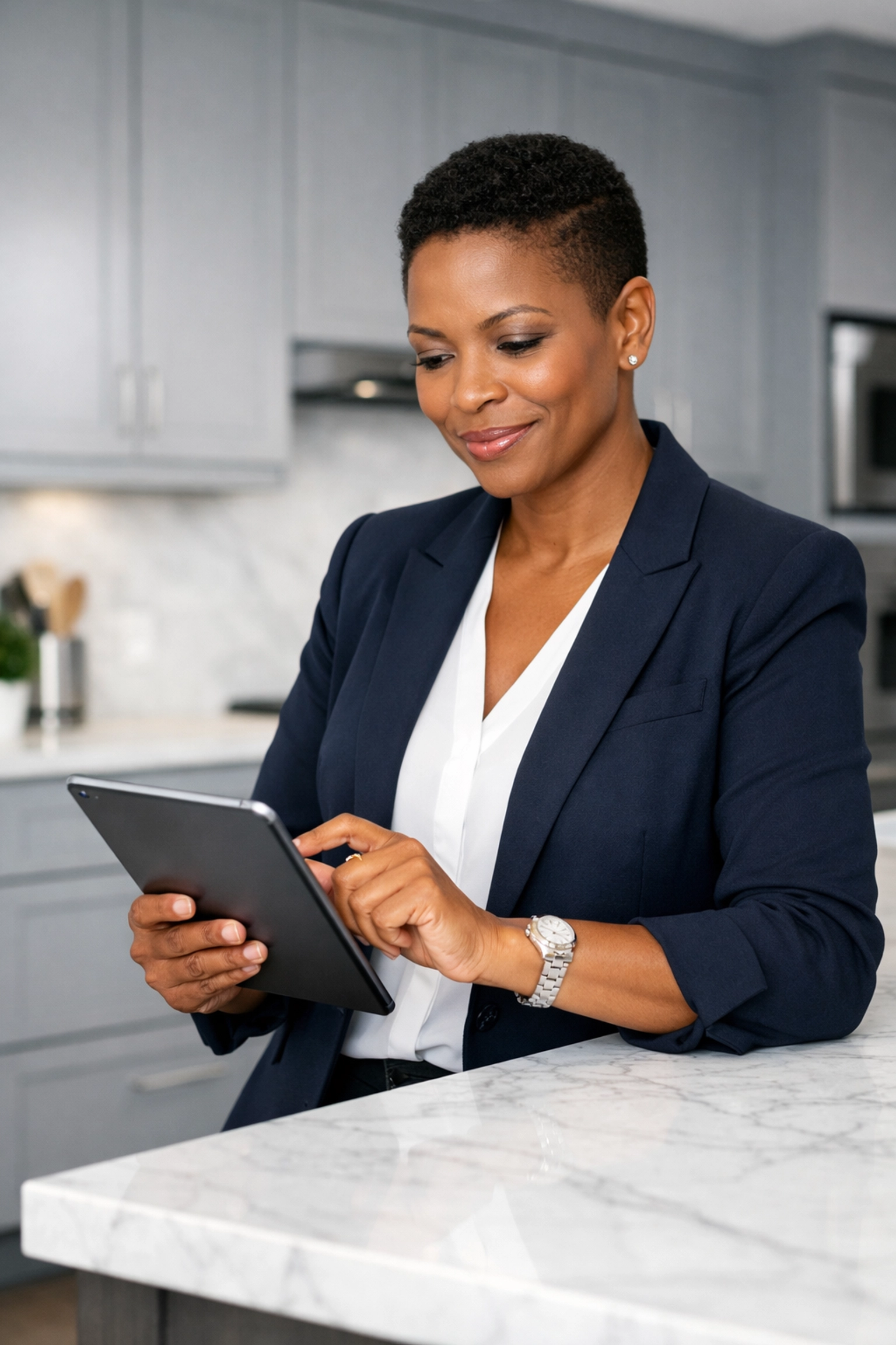 Empowered person using a tablet to secure an emergency loan with confidence.