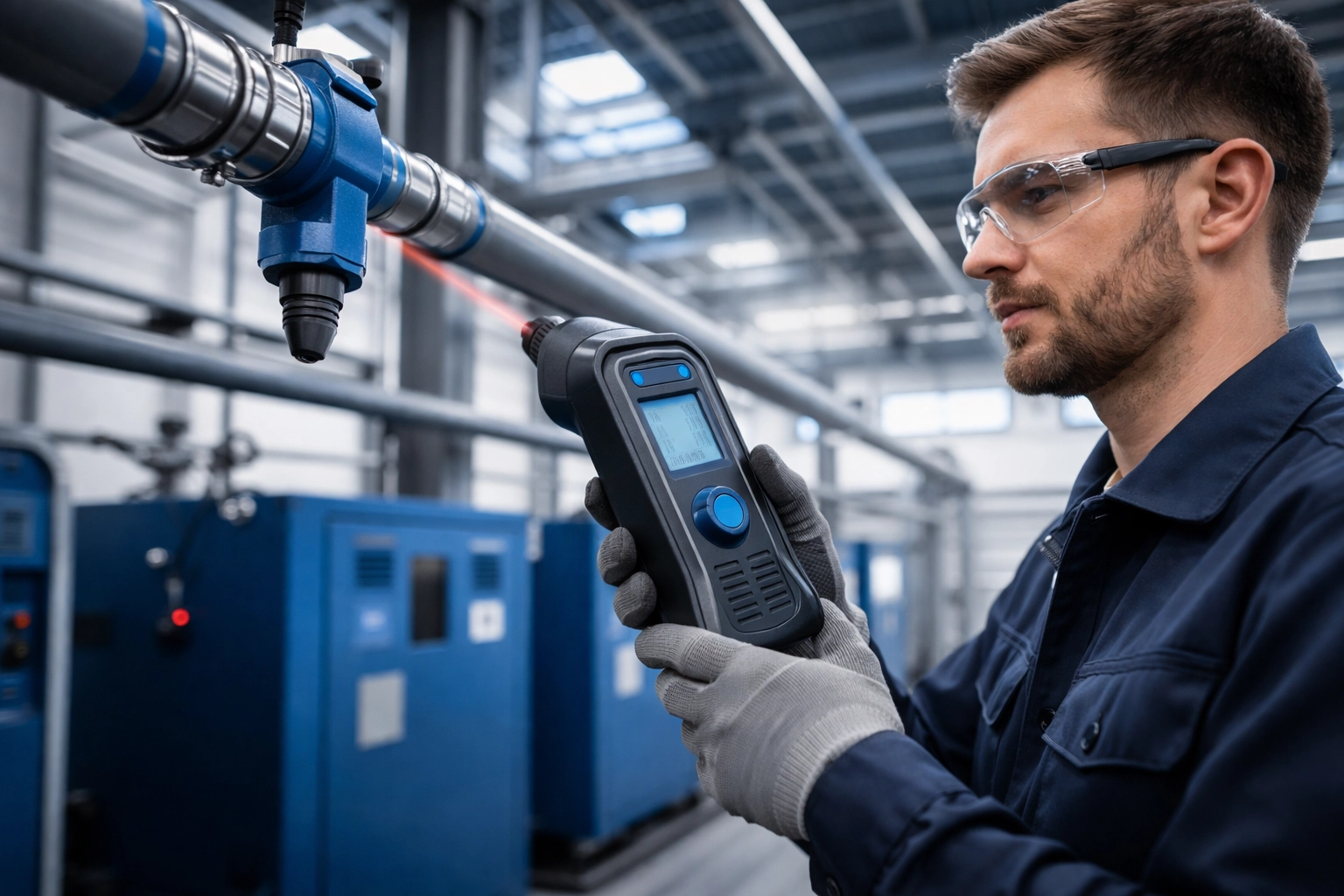 Factory technician performs compressed air leak detection on pipes near screw air compressors during factory audit