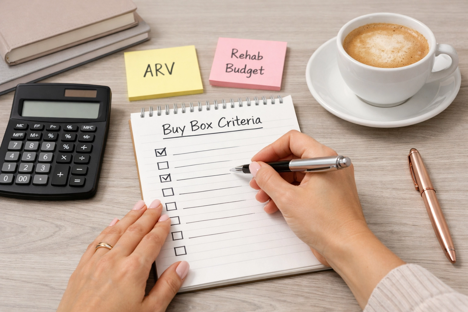 A close-up of a woman’s hands writing a “Buy Box Criteria” checklist at a modern desk with a calculator and tidy notes—Investor Authority over emotion.