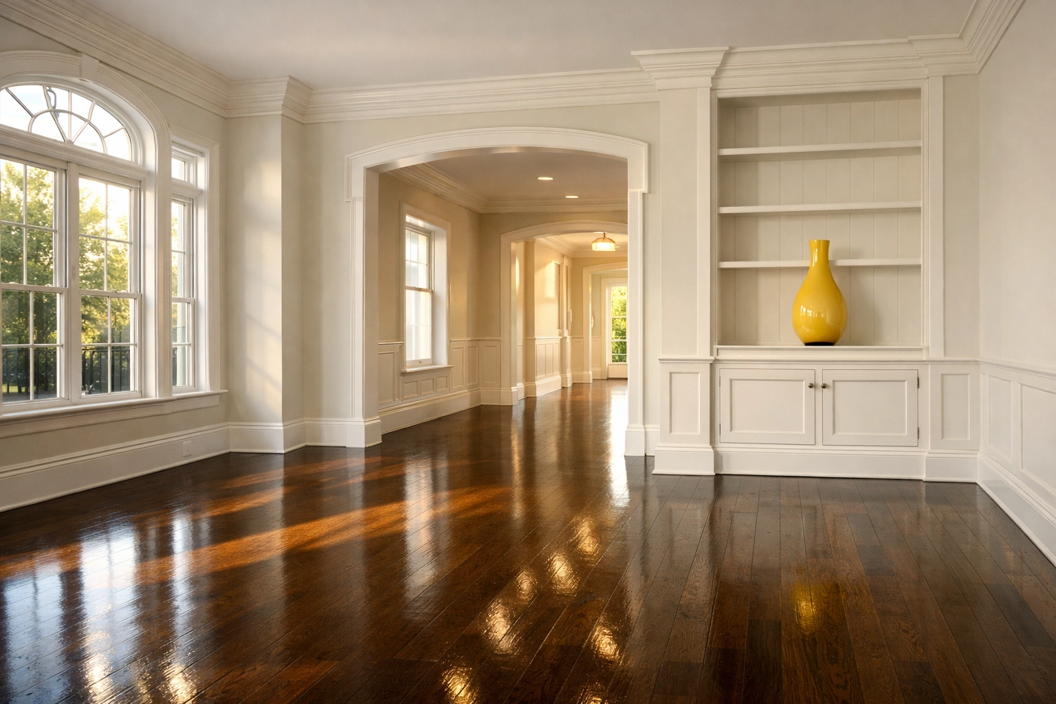 Clean living room with polished floors highlighting a professional move-in/move-out cleaning Lowell.
