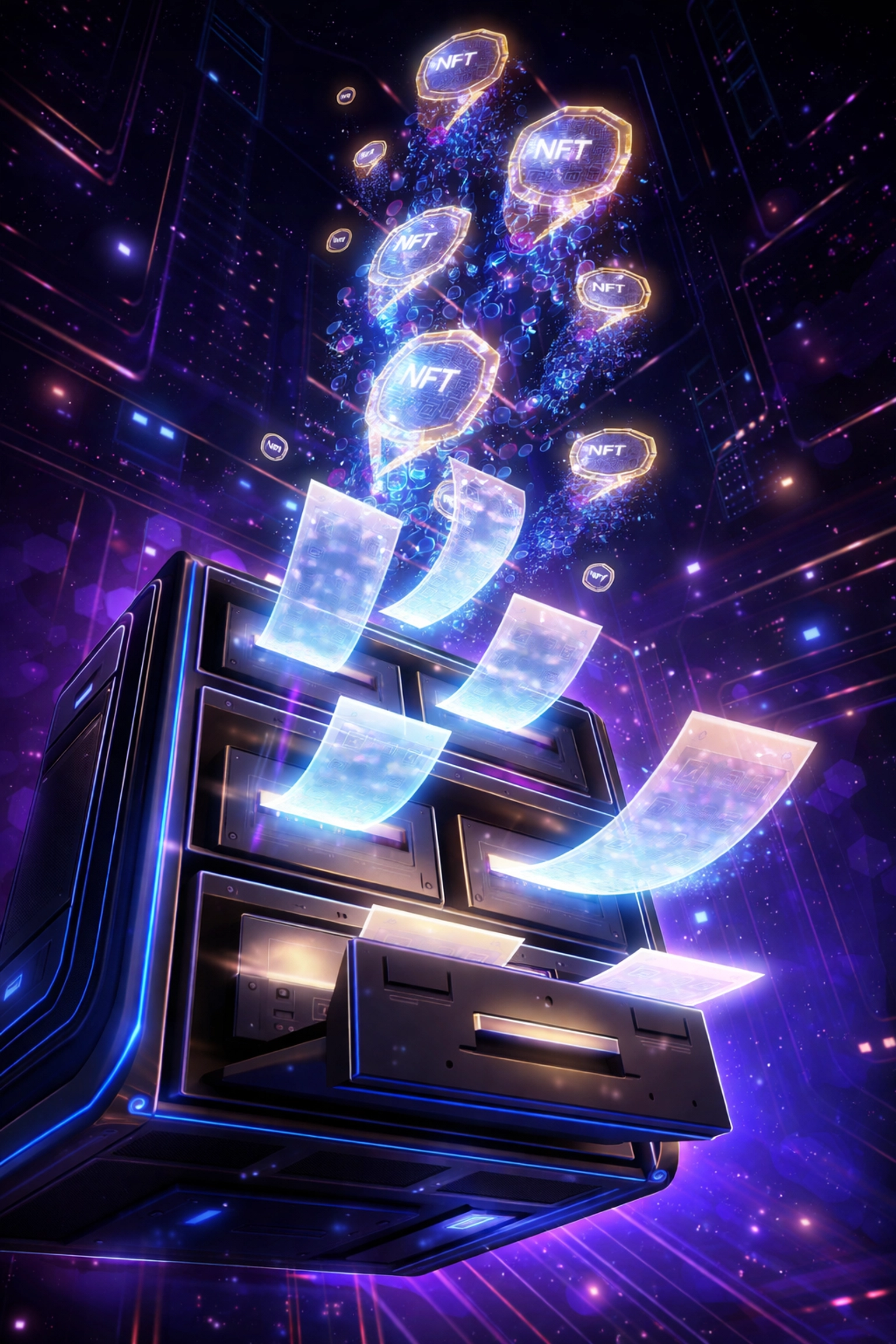 Digital filing cabinet with NFT receipts illustrates blockchain accounting for maximizing business tax deductions.