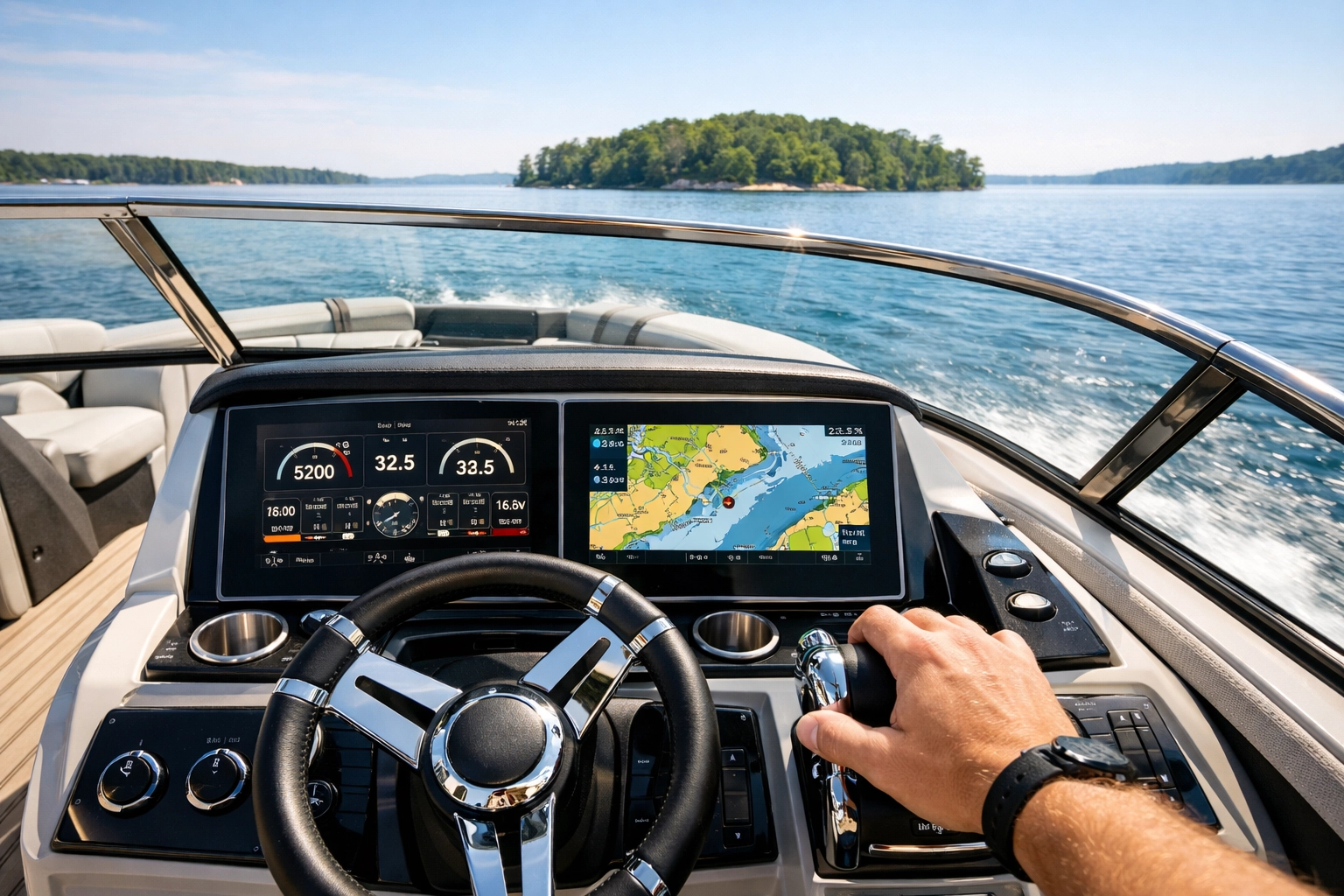 Modern pontoon boat helm and dashboard with digital gauges showing engine RPM and speed.
