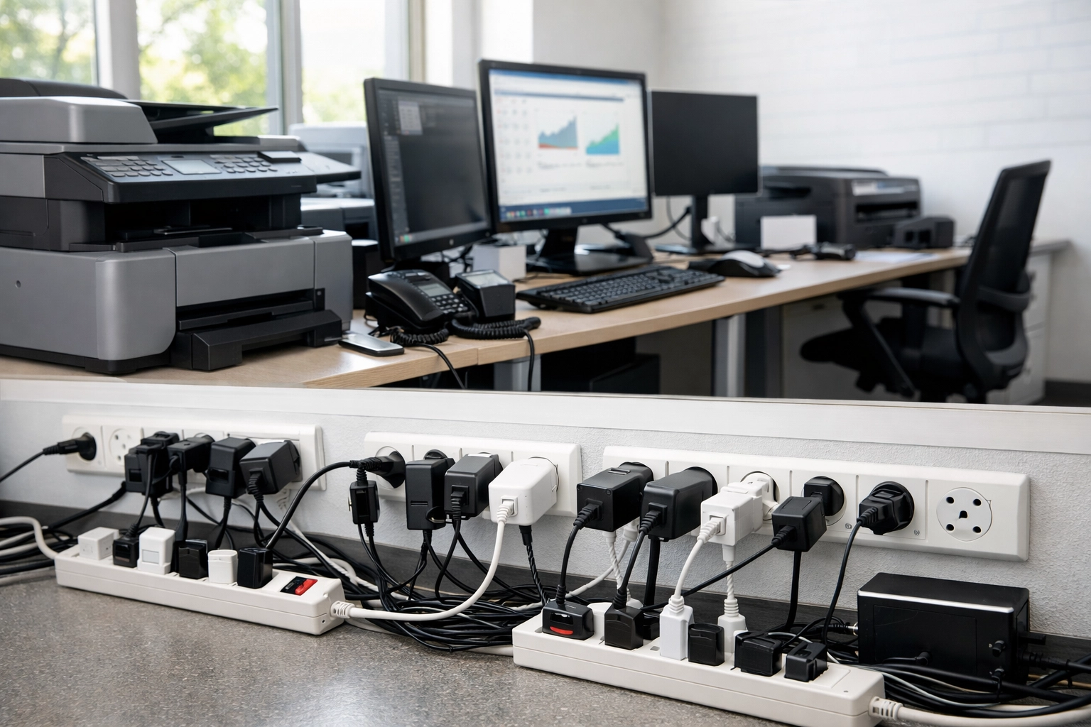 Commercial office showing multiple devices creating circuit overload risk