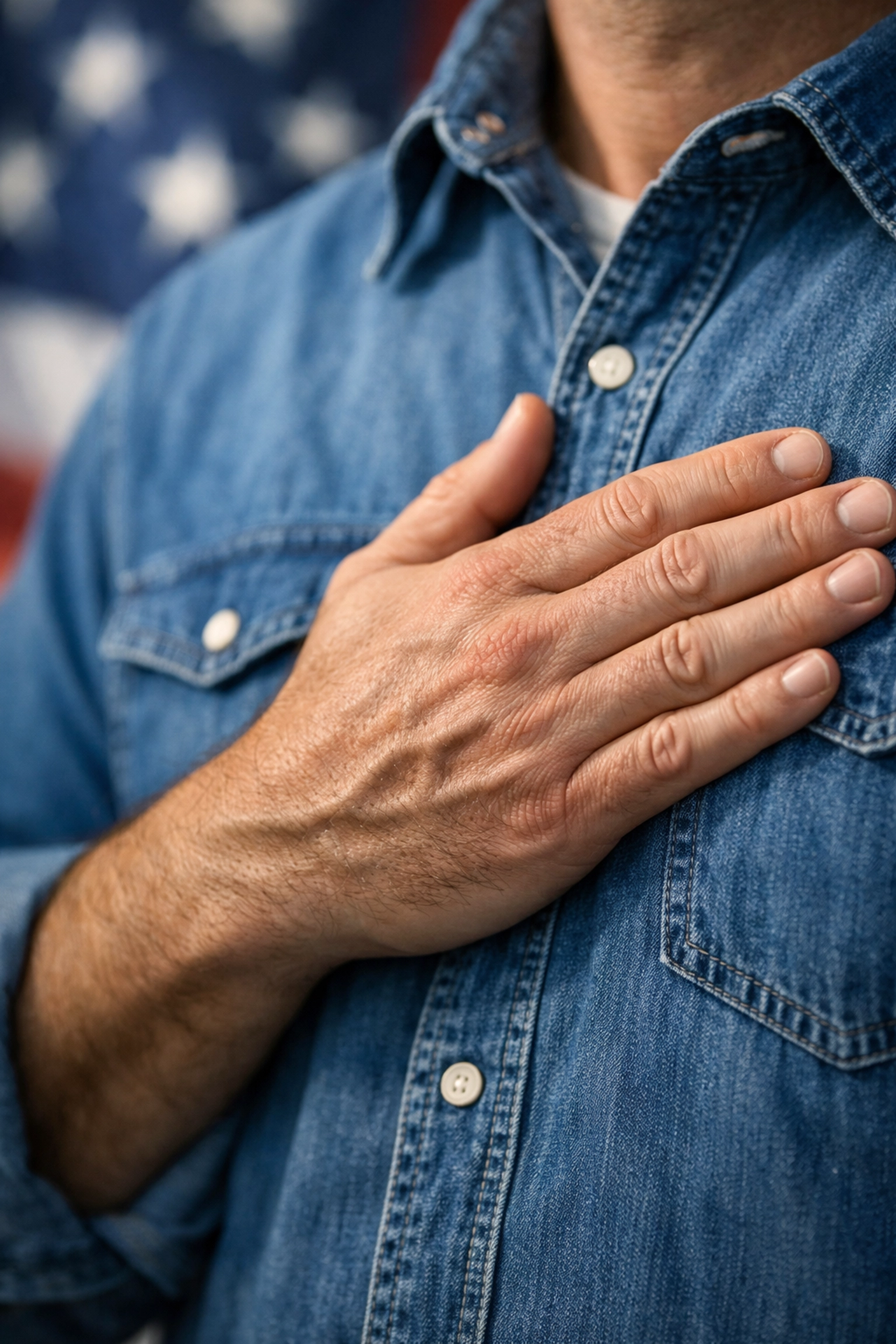 Close-up of a patriotic American with their hand over their heart reciting the Pledge of Allegiance.