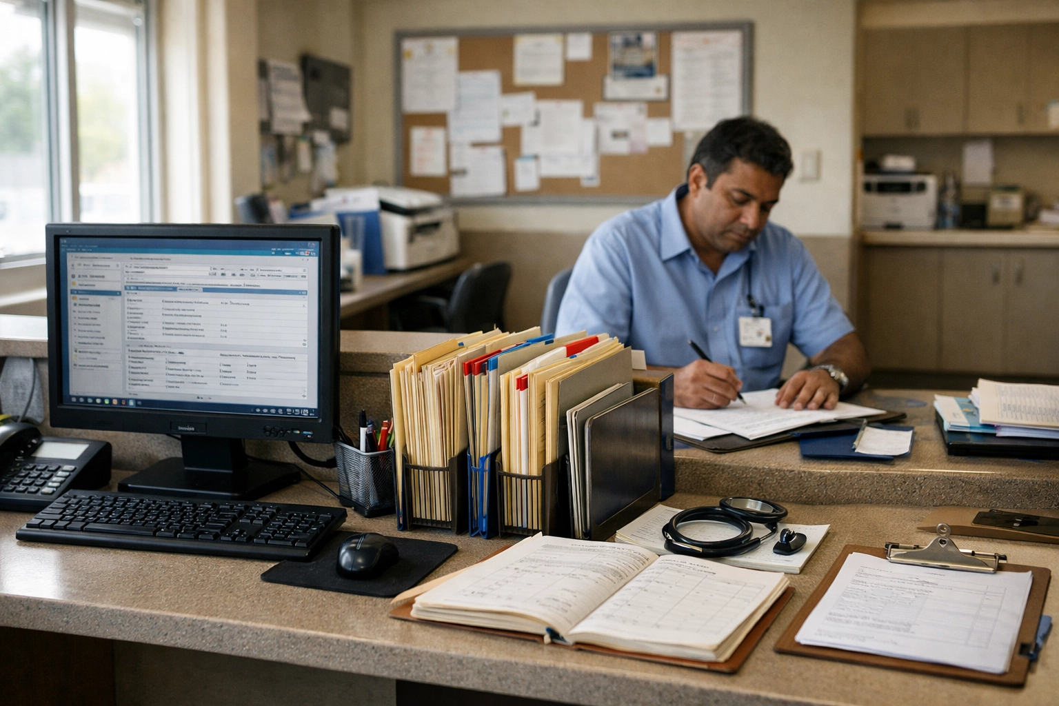Nurse station at a community clinic showing the integration of healthcare IT infrastructure.