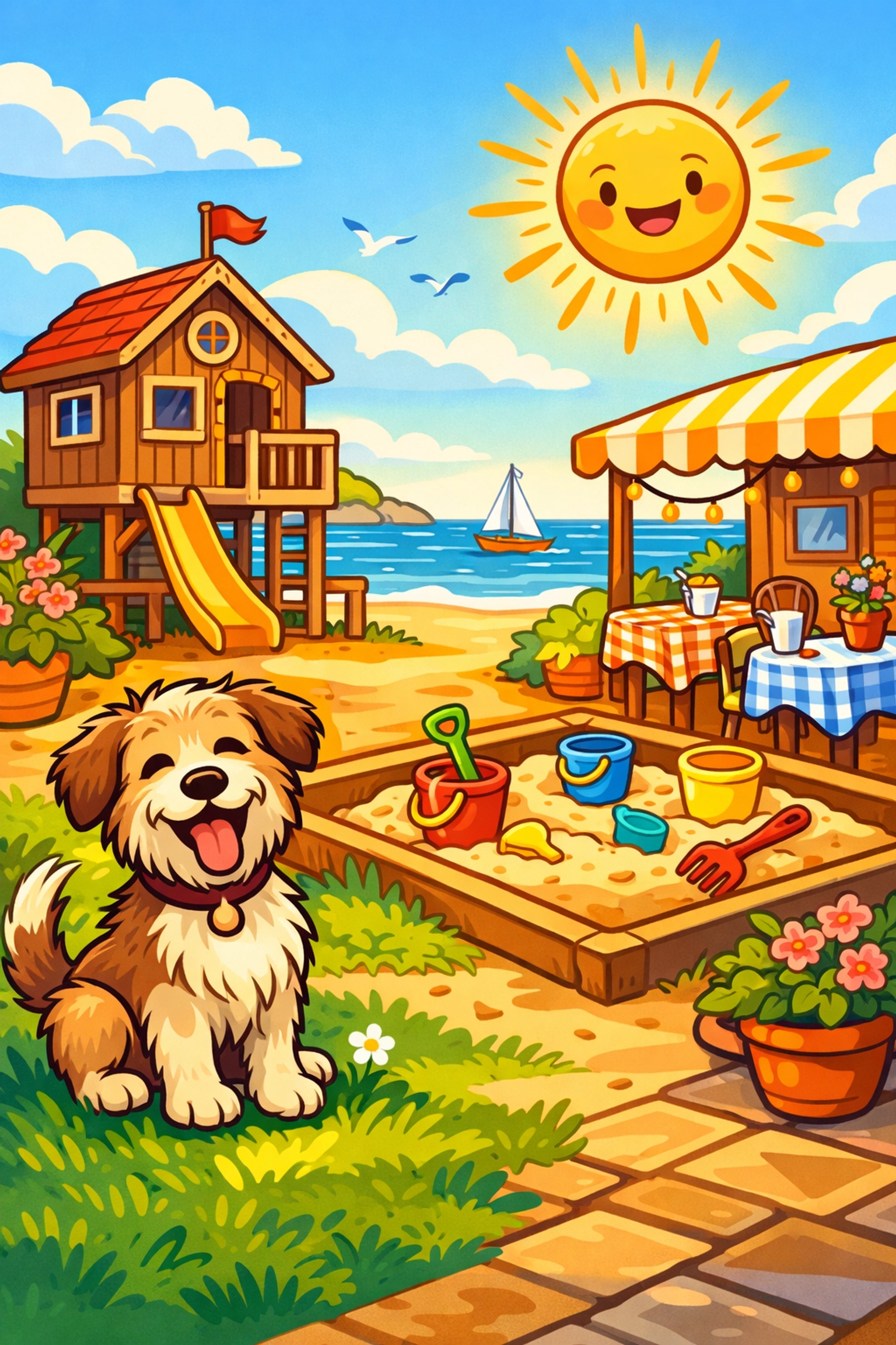 Happy dog in the kid-friendly garden at Beans and Beers, one of the top dog friendly restaurants in Torquay.