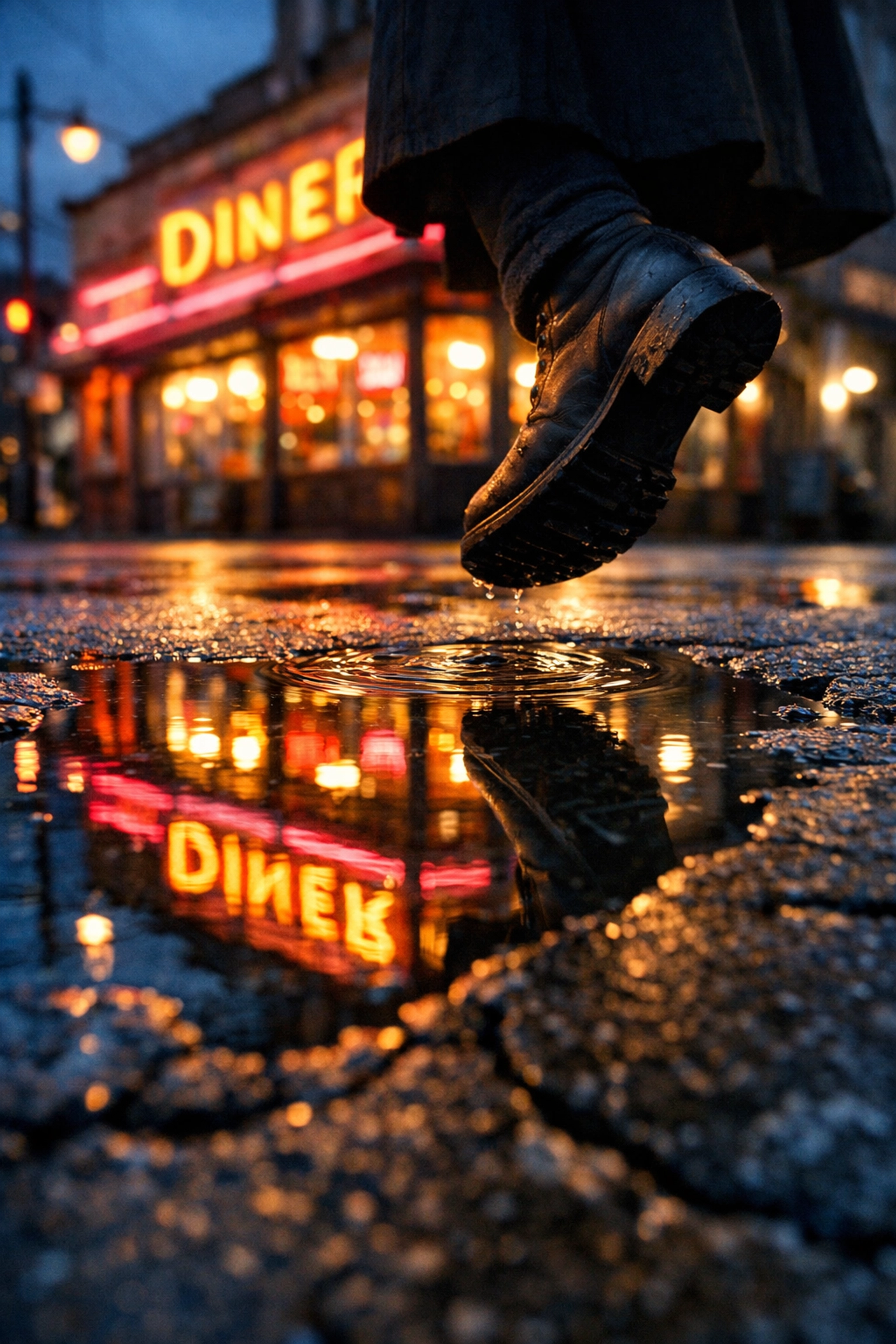 Low angle street photography showing a neon storefront reflected in a rain puddle as a pedestrian walks by.