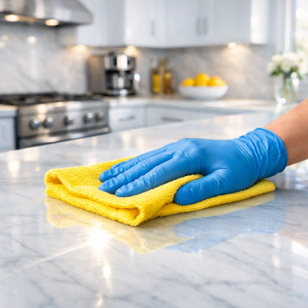 Professional cleaning services near me wiping a white marble kitchen counter with a yellow microfiber cloth.