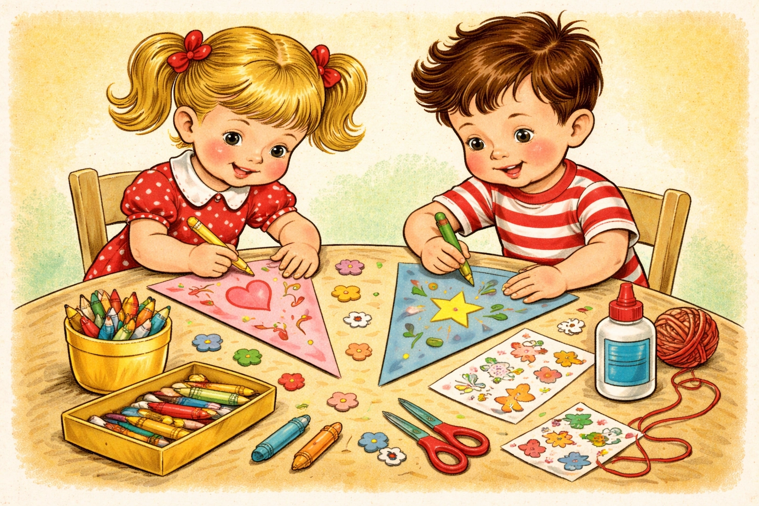 Children decorating paper banner flags with crayons and stickers during a fun DIY craft session