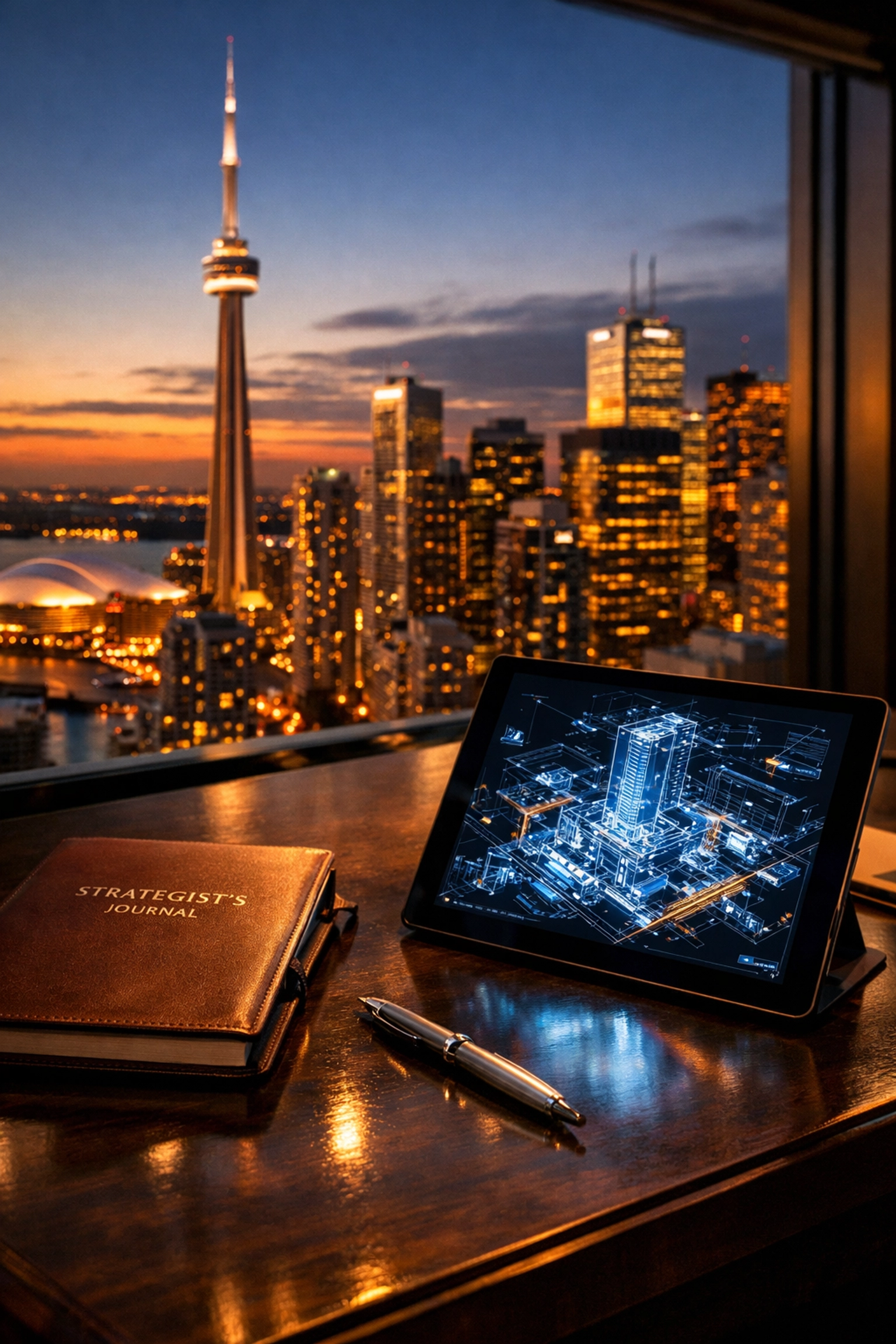 Professional office desk with Toronto skyline view symbolizing authority in SEO services for small business.