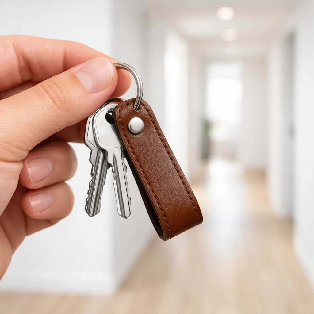 Close-up of apartment keys in a bright hallway during the move-out transition phase.
