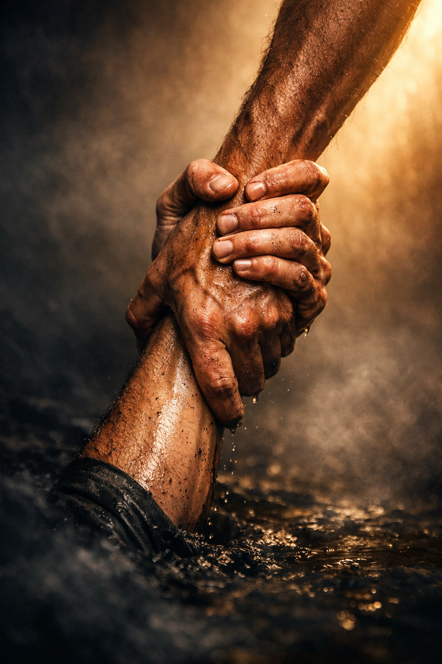 Two men's hands clasping in the dark, representing recovery and support in authentic Read with Pride stories.