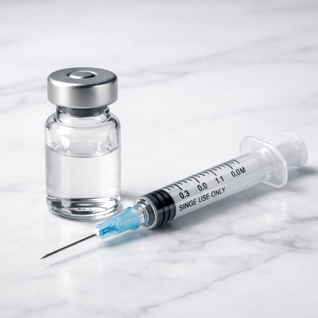 Professional research syringe and peptide vial on white marble for accurate dosing.