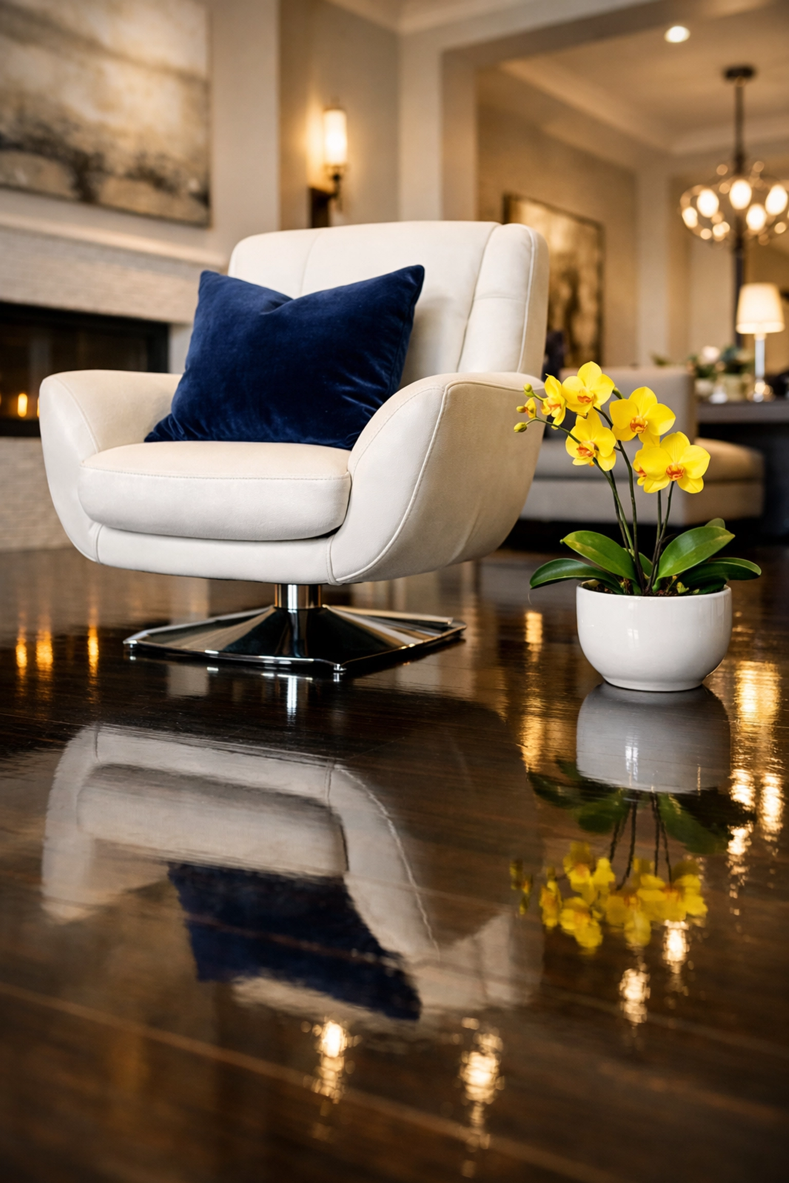 Polished hardwood floors in a modern living room after expert residential cleaning in Needham for local homeowners.