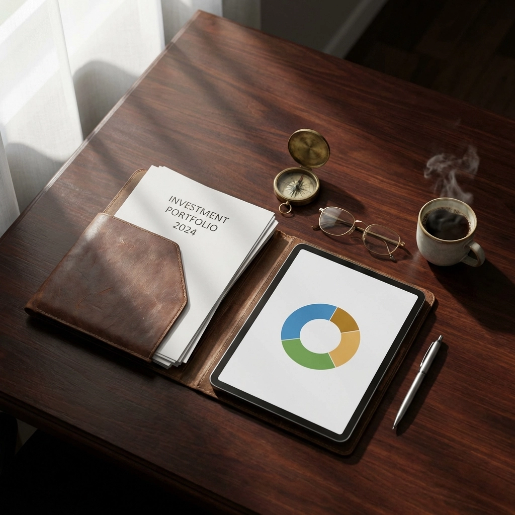Top-down view of a desk with investment documents and charts, representing modern portfolio diversification.