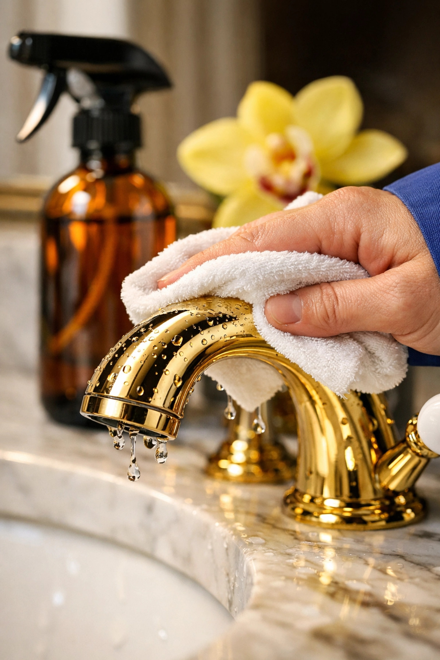 Eco-friendly luxury house cleaning in Hamilton focusing on high-end gold bathroom fixtures.