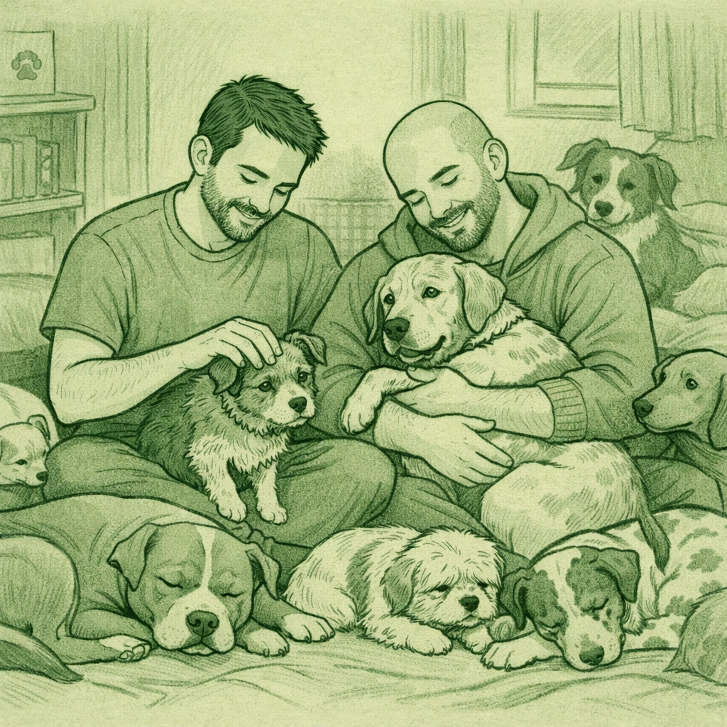 Gay couple bonding with rescued dogs showing LGBTQ+ animal advocacy