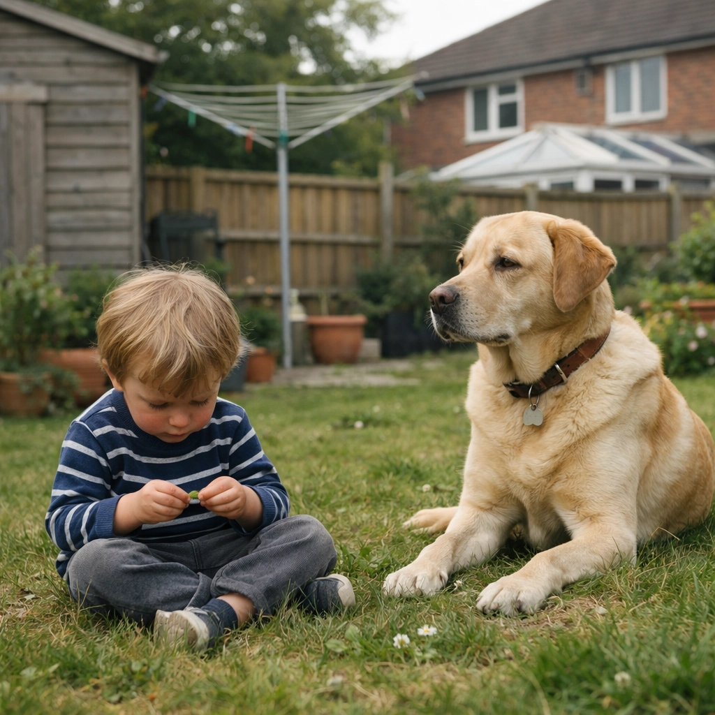 A child and dog in a UK garden, illustrating early childhood microbial exposure for better respiratory health.
