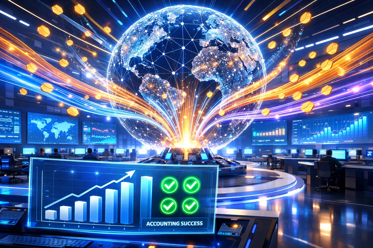 Futuristic financial dashboard showing automated crypto accounting and blockchain transaction data.