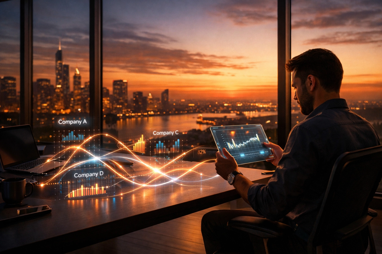 Professional executive working remotely from a modern home office managing multiple fractional clients.