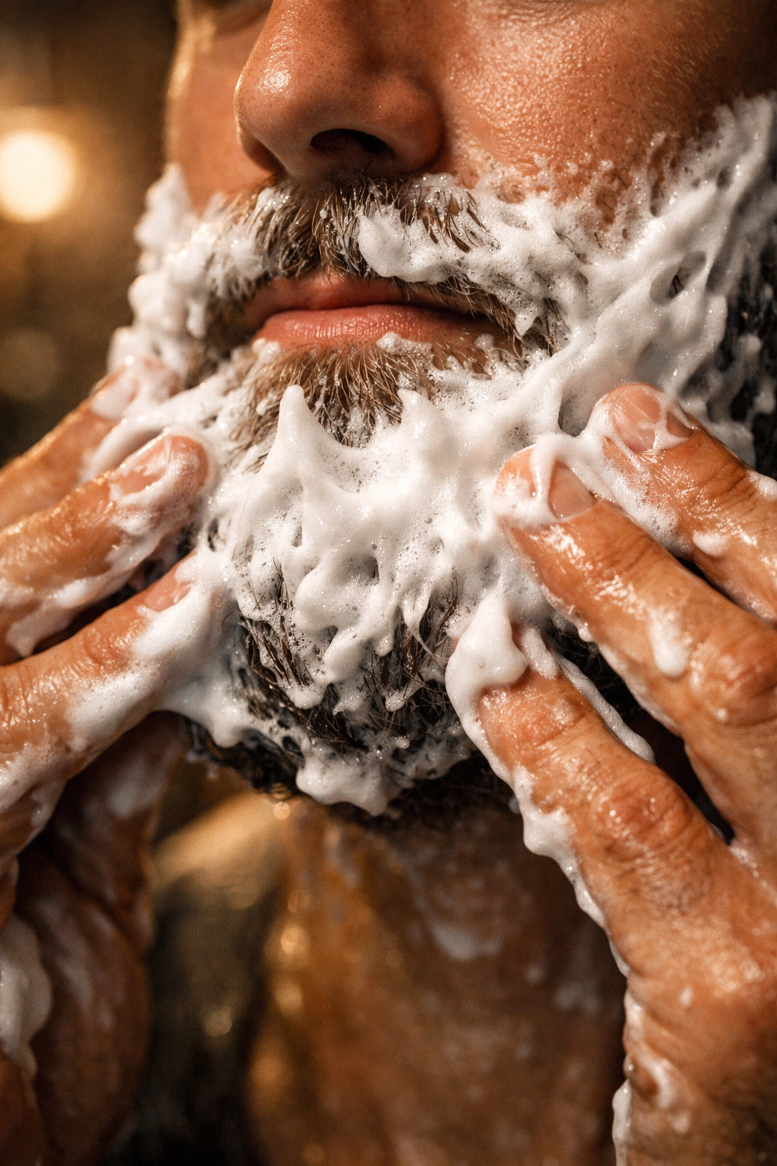 Rich creamy lather from a daily beard wash bar being massaged into a thick beard for a deep clean.