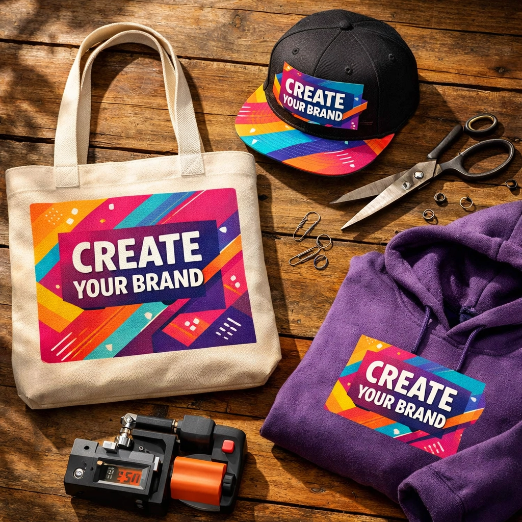 Branded tote bags and hats featuring custom DTF transfers, showcasing diverse product line expansion.