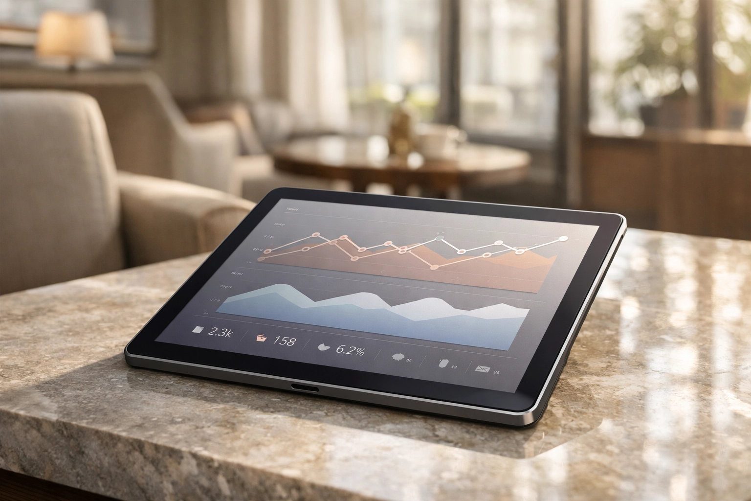 Tablet showing dynamic pricing and demand forecasting data for hotel revenue management.