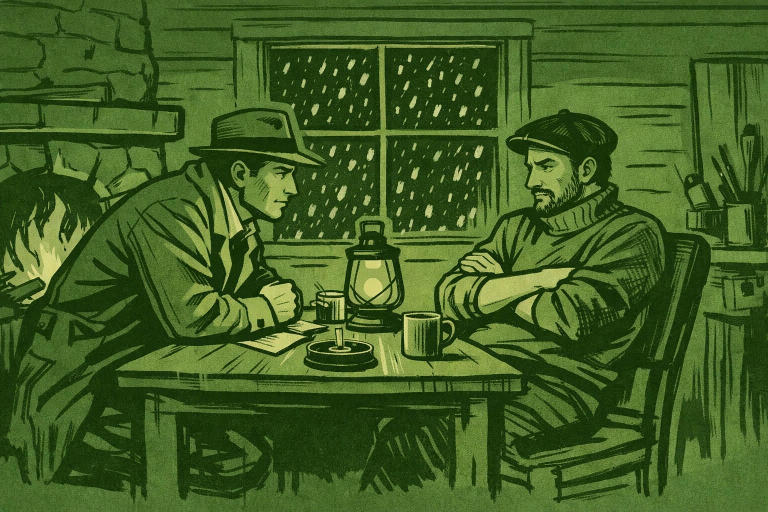 Detective interrogates artist suspect in cabin - gay thriller romance scene