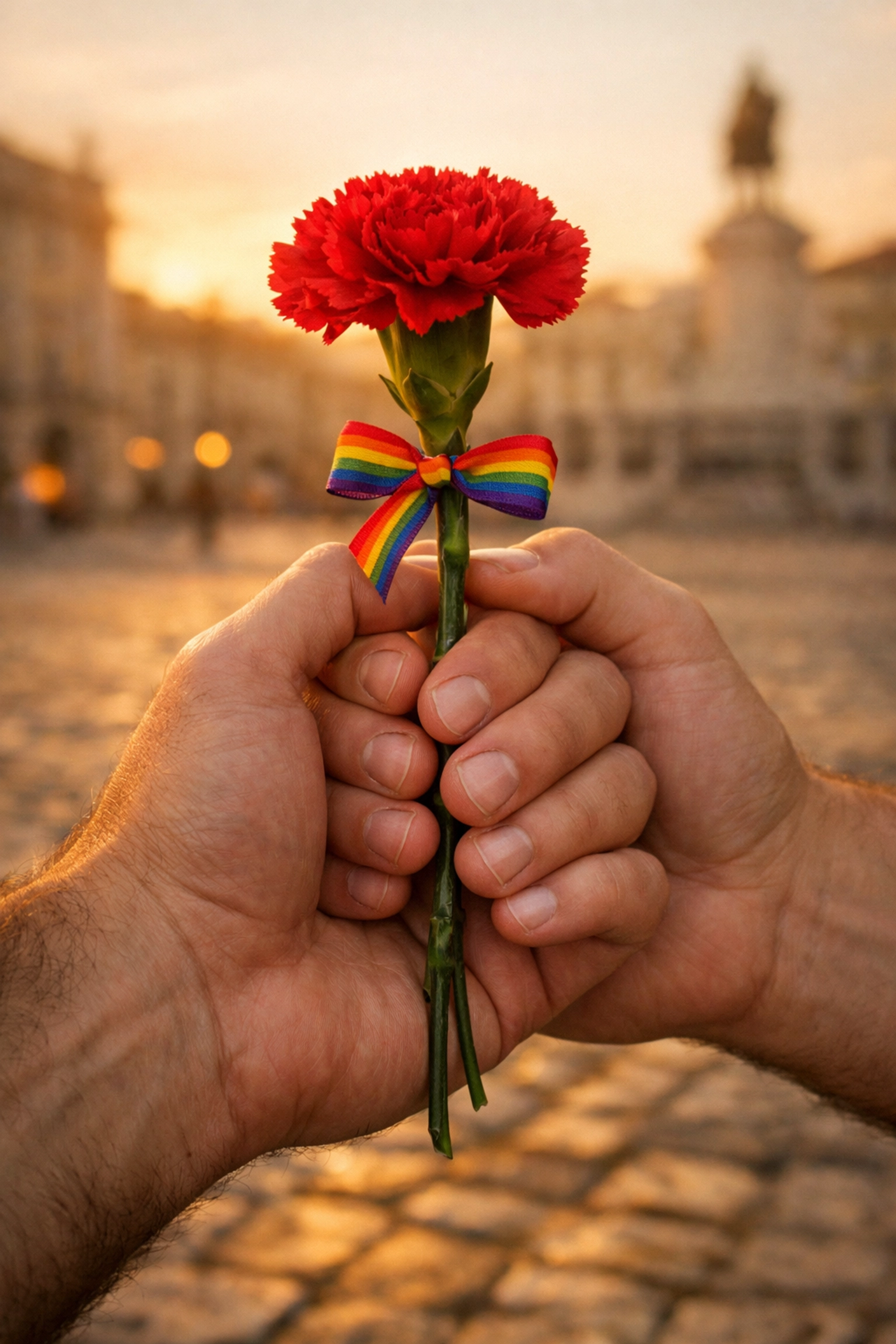 Hands holding a red carnation with a rainbow ribbon in Lisbon, representing the evolution of gay rights in Portugal.
