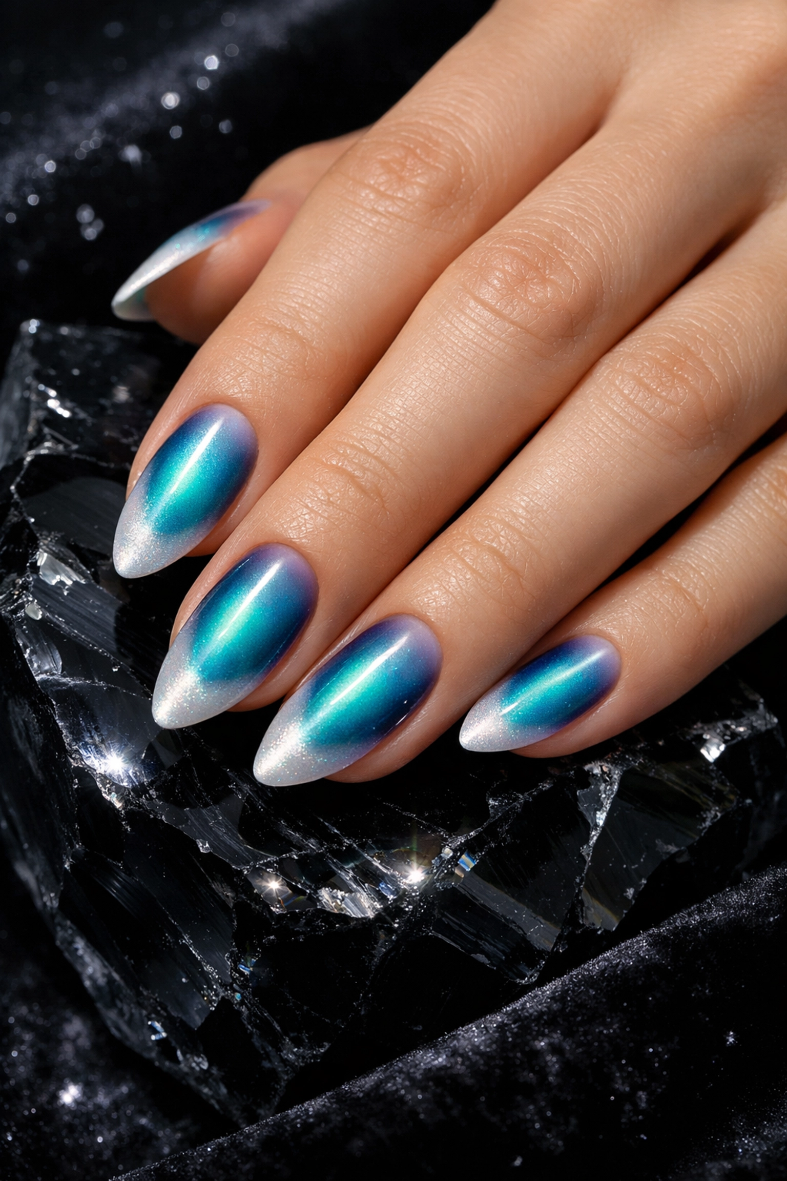 Ethereal turquoise aura nail art from a professional Japanese gel manicure near me in Norwood.