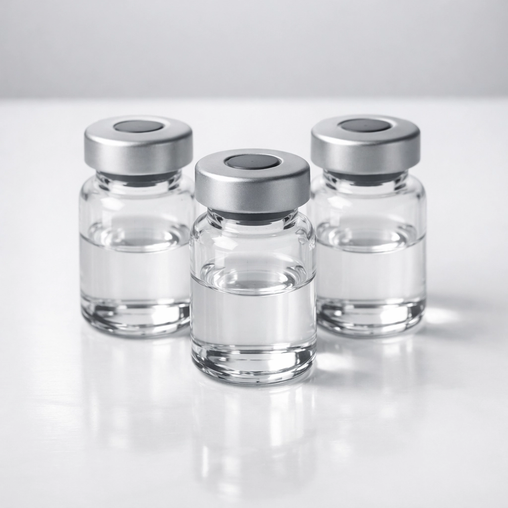 Three clinical vials representing the triple-agonist mechanism of Retatrutide for metabolic research.