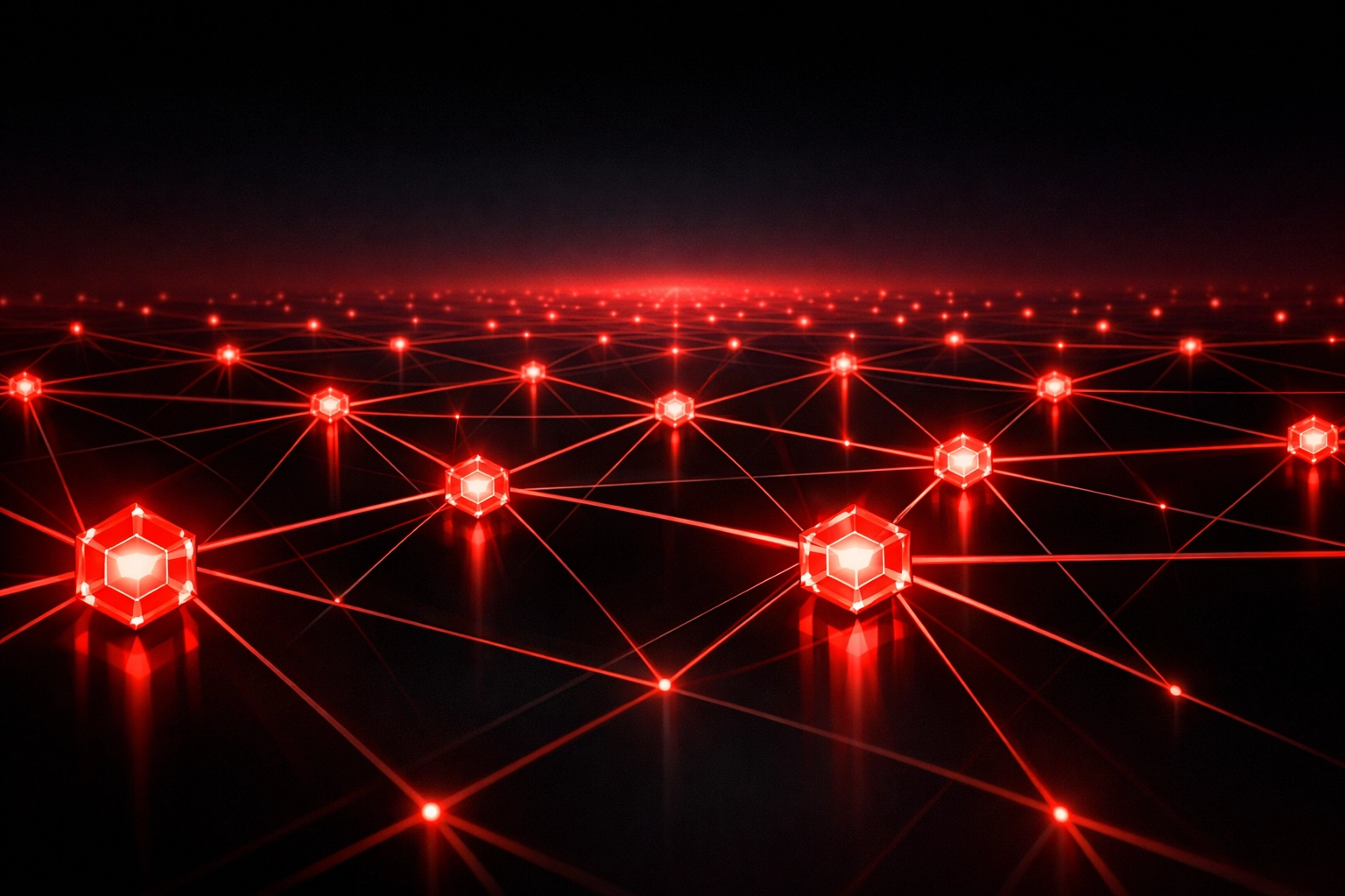 A digital network of red nodes illustrating brand authority and citations for AI trust signals.