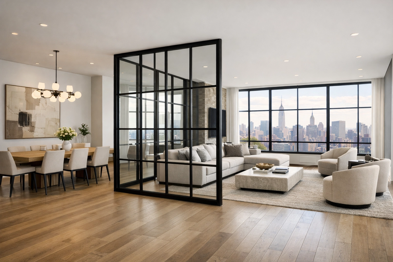 Open-concept NYC apartment layout with a glass partition and skyline views, highlighting modern architectural flow.