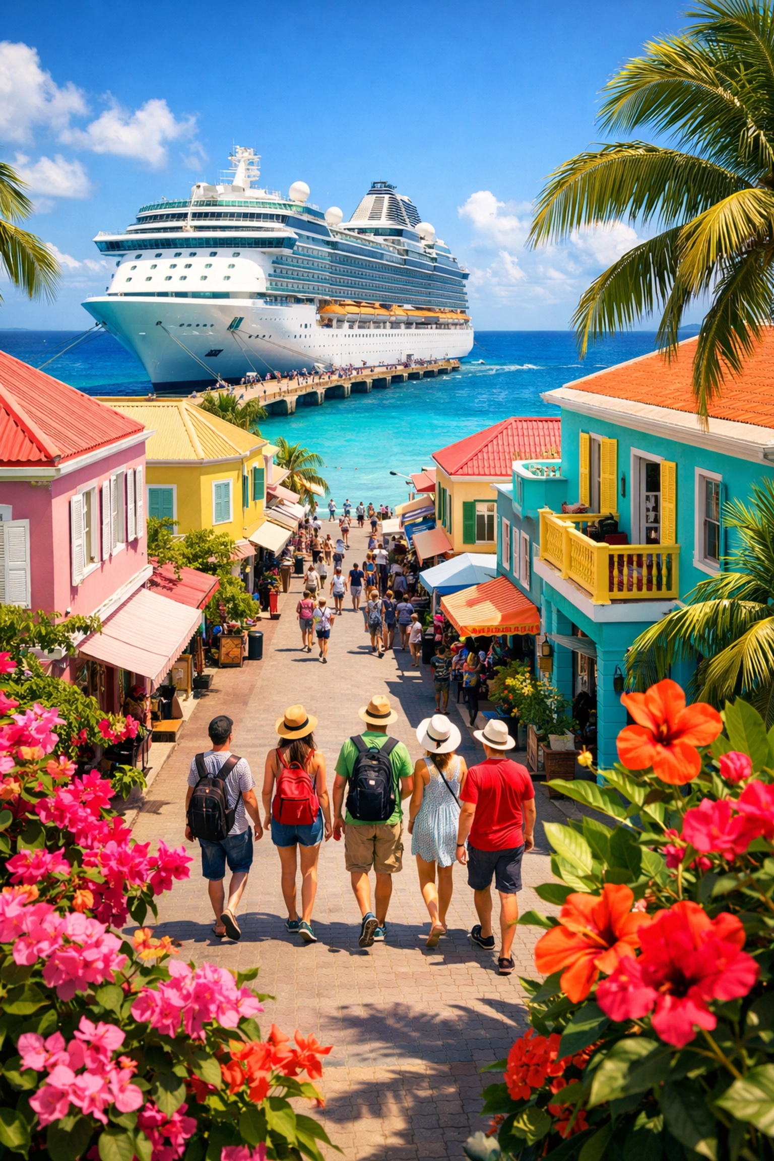 Tourists exploring colorful Caribbean cruise port during shore excursion