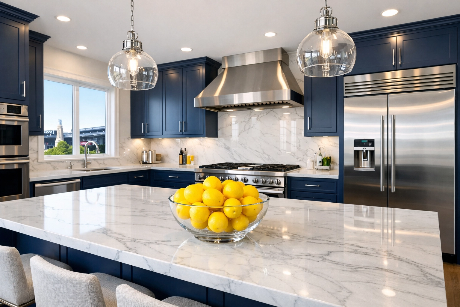 Spotless luxury kitchen with marble counters showing the results of expert house cleaning in Foxborough.