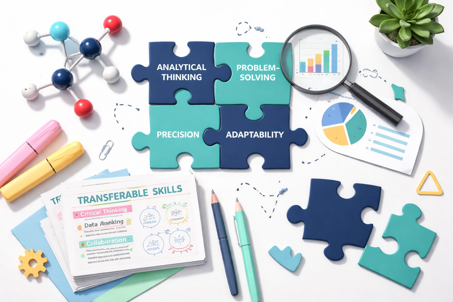 Modern flat-lay showing chemistry-related transferable skills like problem-solving and data analysis for students.