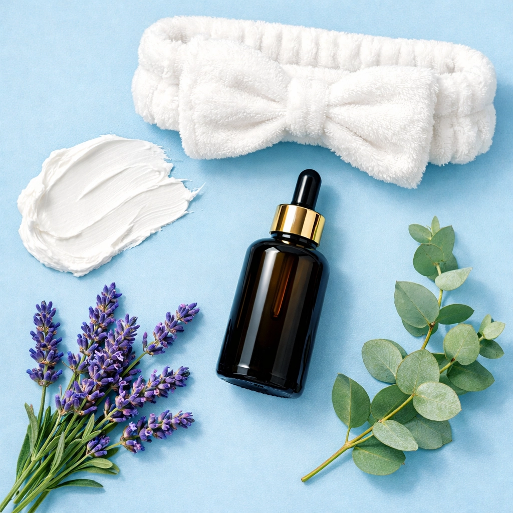 Luxury ESPA body oil and face cream flat lay for a professional at-home spa day experience on a budget.