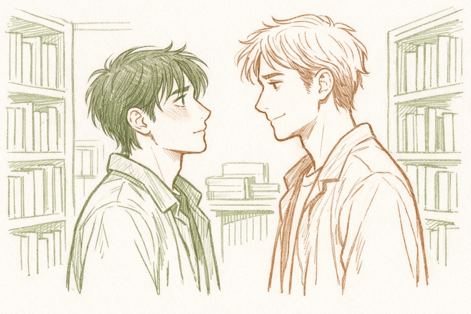 Two men experiencing mutual attraction and recognition in bookstore MM romance scene