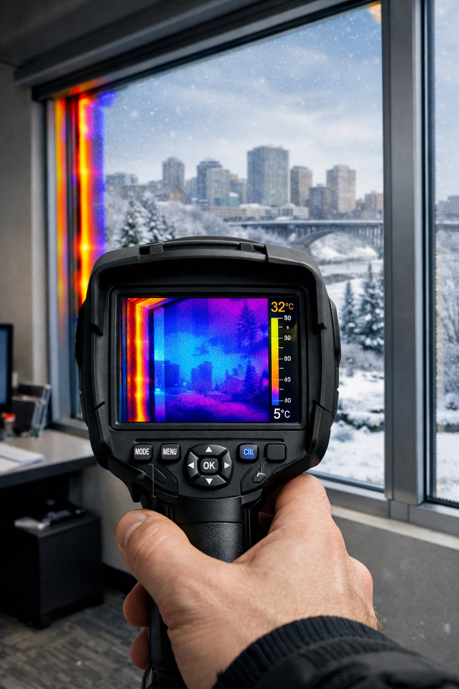 Thermal imaging camera detecting heat loss around a commercial window during an Edmonton building inspection.