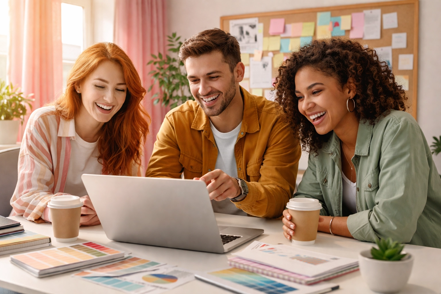 Creative team planning social media content together in a modern, pink-themed office space