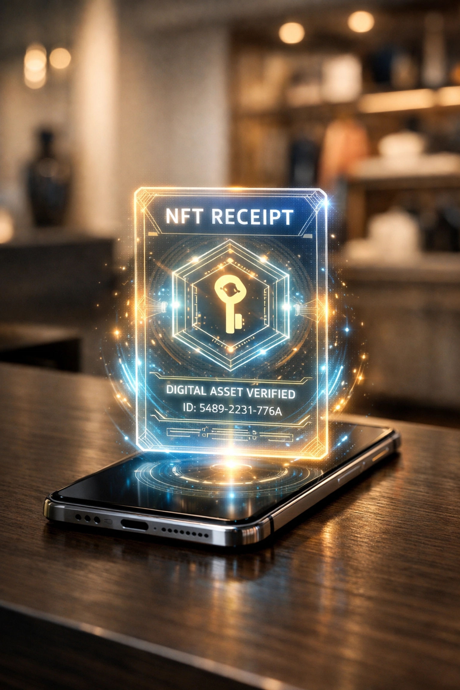 Digital NFT receipts for accounting shown on a smartphone at a modern crypto POS system.