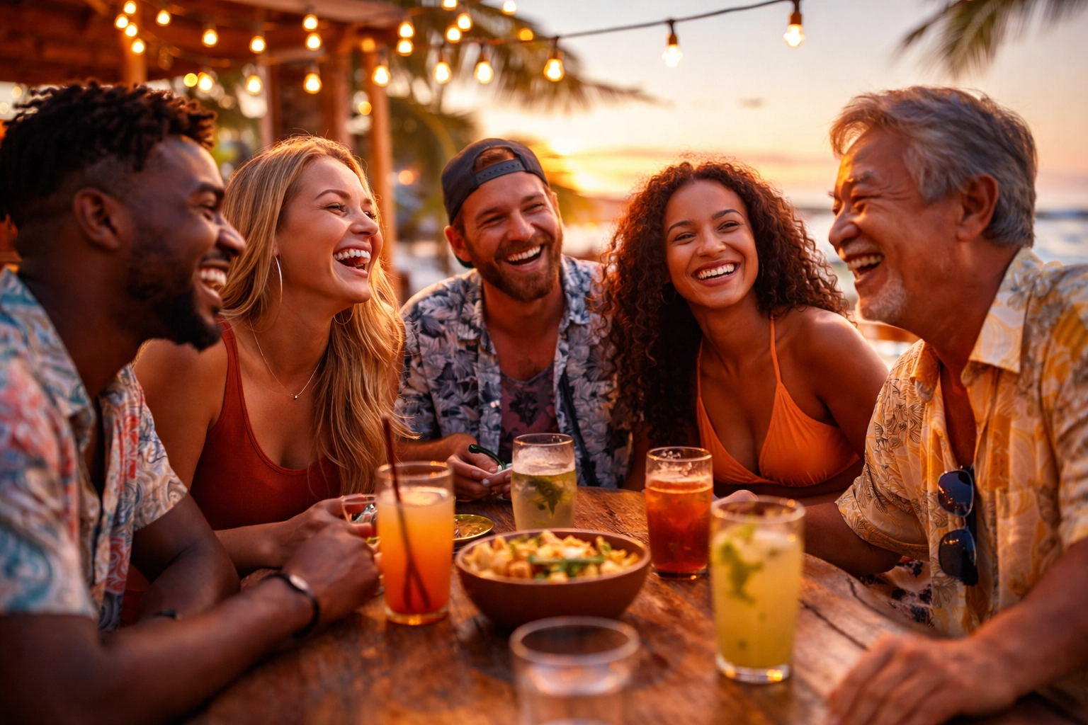 Diverse digital nomads enjoying sunset at a beachside restaurant in Puerto Vallarta