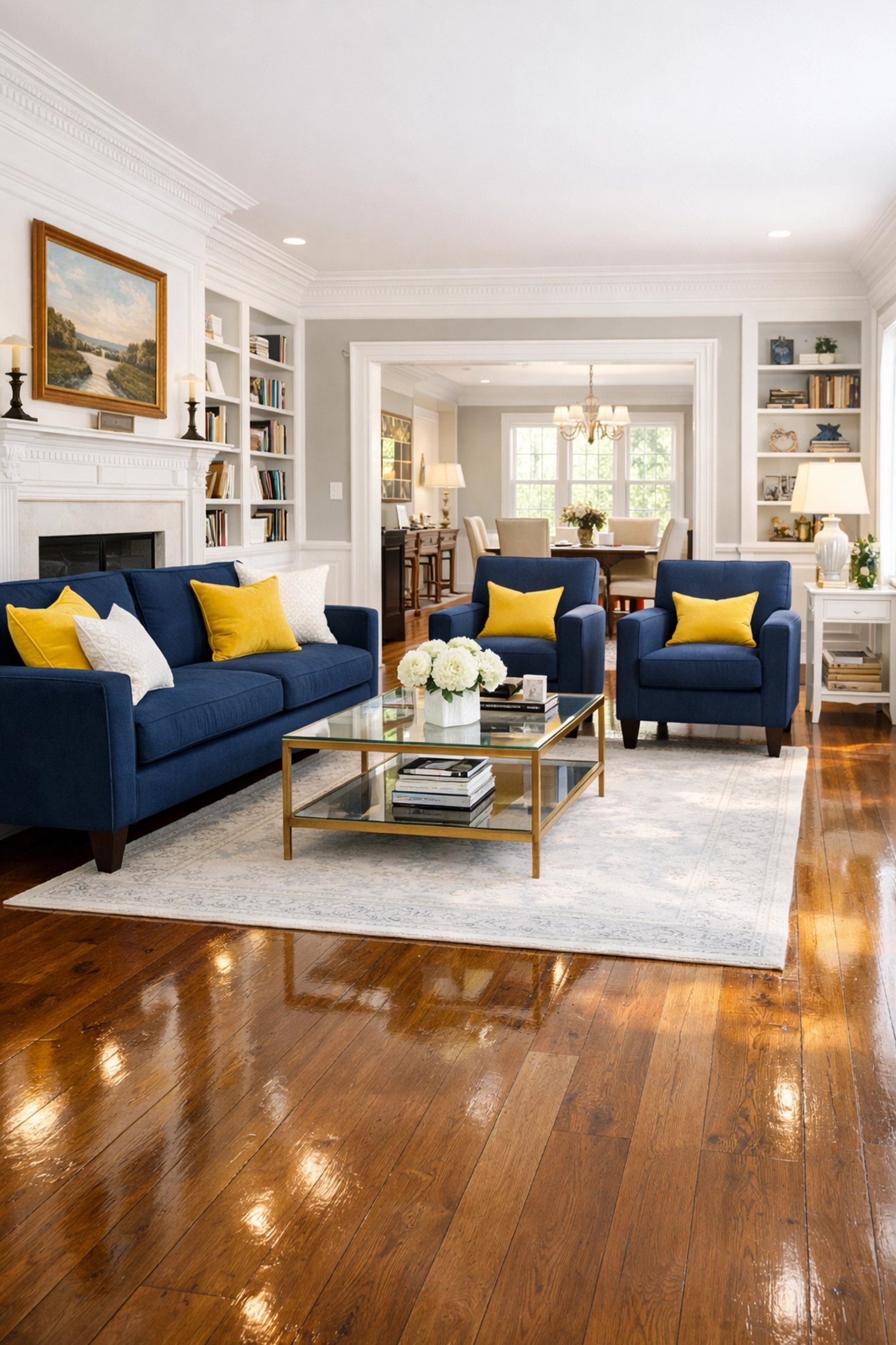 Spotless living room with polished wood floors after professional deep cleaning in Groton MA.